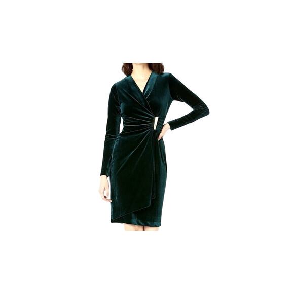 NWT CALVIN KLEIN WOMENS 10 VELVET WRAP LONG SLEEVE DRESS GREEN 80s HOLIDAY - Picture 6 of 9